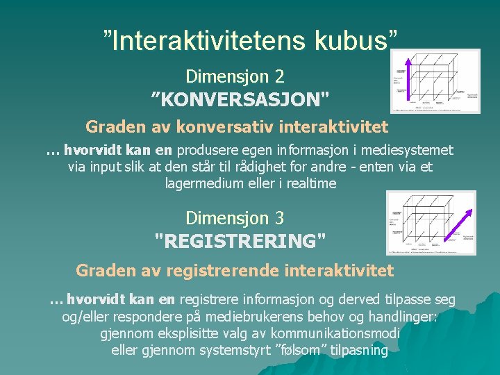 ”Interaktivitetens kubus” Dimensjon 2 ”KONVERSASJON" Graden av konversativ interaktivitet … hvorvidt kan en produsere