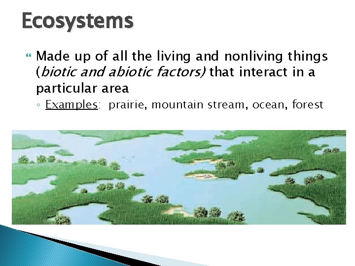 Ecosystems Made up of all the living and nonliving things (biotic and abiotic factors)