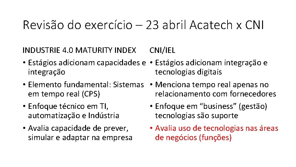 Revisão do exercício – 23 abril Acatech x CNI INDUSTRIE 4. 0 MATURITY INDEX