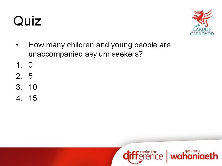 Quiz • 1. 2. 3. 4. How many children and young people are unaccompanied