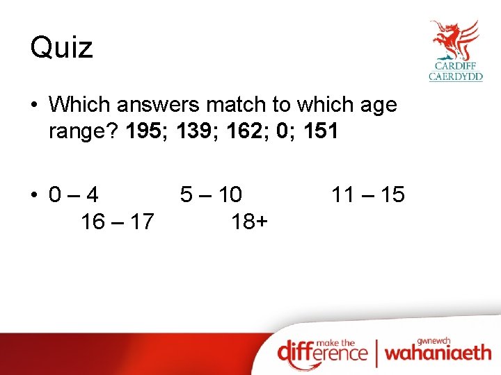 Quiz • Which answers match to which age range? 195; 139; 162; 0; 151