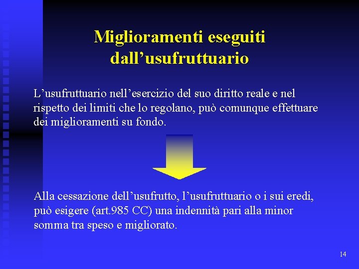 Miglioramenti eseguiti dall’usufruttuario L’usufruttuario nell’esercizio del suo diritto reale e nel rispetto dei limiti