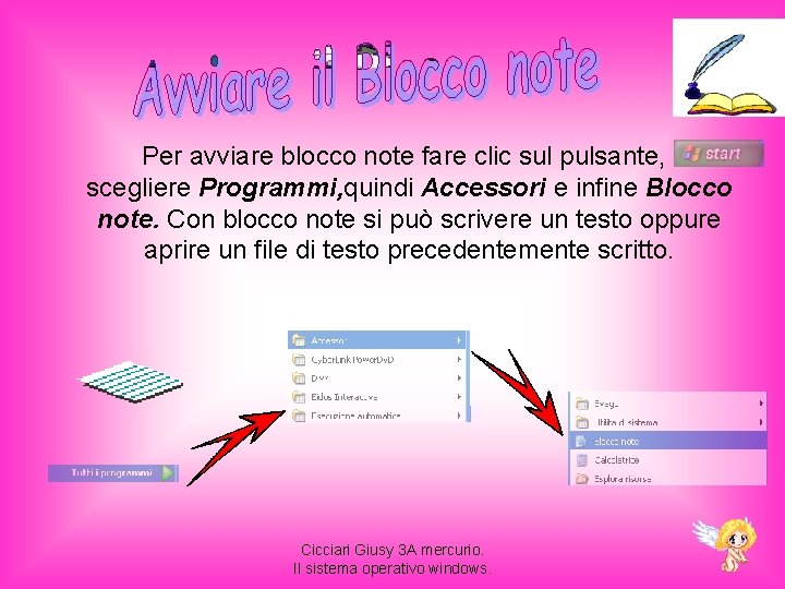 Per avviare blocco note fare clic sul pulsante, scegliere Programmi, quindi Accessori e infine