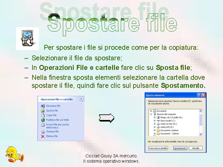 Per spostare i file si procede come per la copiatura: – Selezionare il file