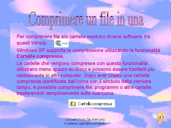 Per comprimere file e/o cartelle esistono diversi software, tra questi Winzip. Windows XP supporta