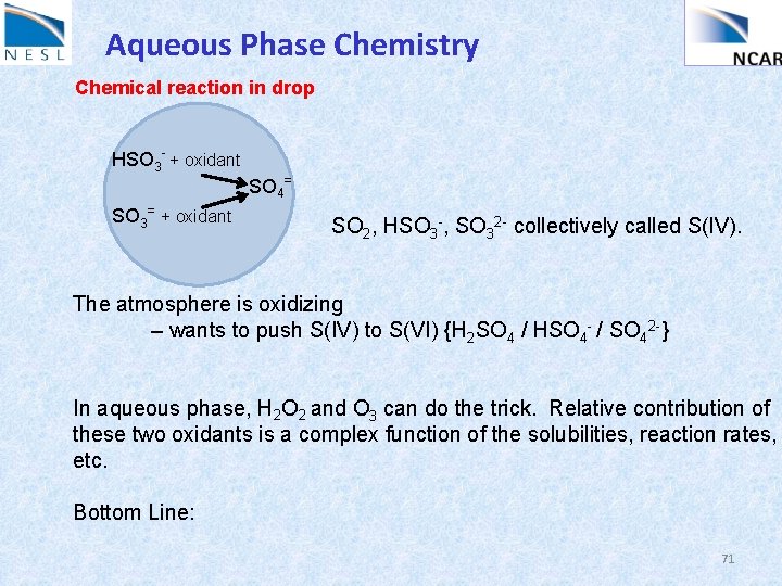Aqueous Phase Chemistry Chemical reaction in drop HSO 3 - + oxidant SO 3=