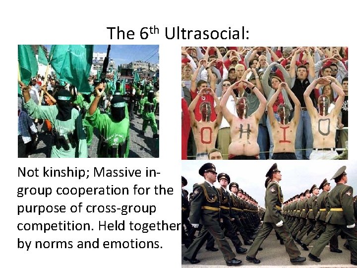 The 6 th Ultrasocial: Not kinship; Massive ingroup cooperation for the purpose of cross-group