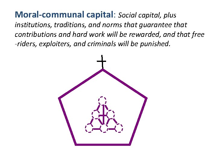 Moral-communal capital: Social capital, plus institutions, traditions, and norms that guarantee that contributions and