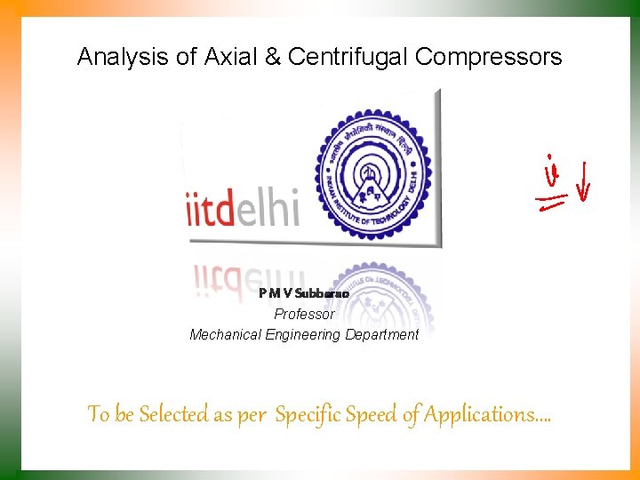 Analysis of Axial & Centrifugal Compressors P M V Subbarao Professor Mechanical Engineering Department