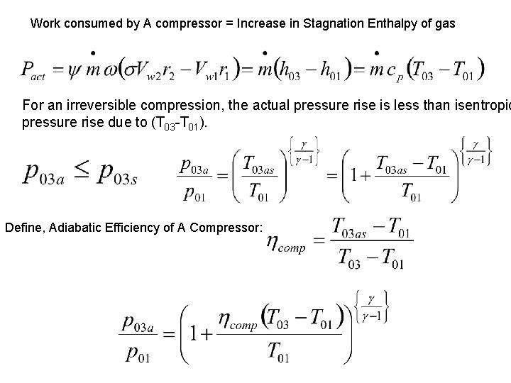 Work consumed by A compressor = Increase in Stagnation Enthalpy of gas For an