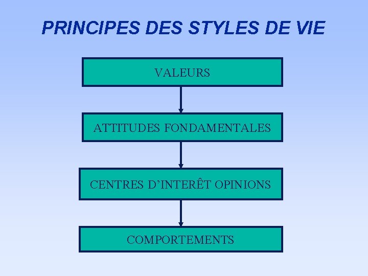 PRINCIPES DES STYLES DE VIE VALEURS ATTITUDES FONDAMENTALES CENTRES D’INTERÊT OPINIONS COMPORTEMENTS 