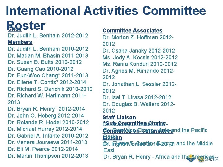 International Activities Committee Roster Chair Committee Associates Dr. Judith L. Benham 2012 -2012 Members
