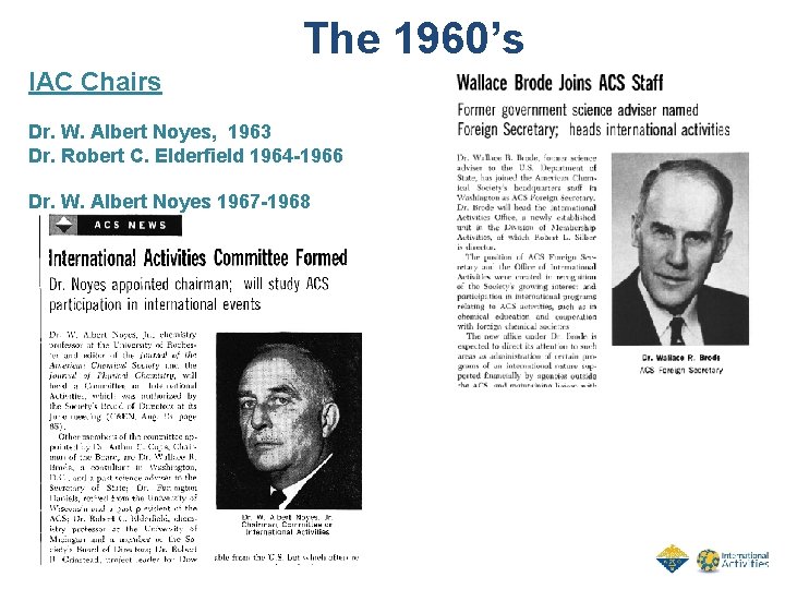 The 1960’s IAC Chairs Dr. W. Albert Noyes, 1963 Dr. Robert C. Elderfield 1964