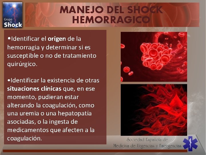 MANEJO DEL SHOCK HEMORRAGICO • Identificar el origen de la hemorragia y determinar si