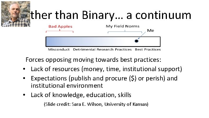 Rather than Binary… a continuum Forces opposing moving towards best practices: • Lack of