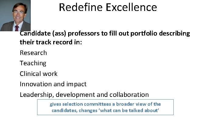 Redefine Excellence Candidate (ass) professors to fill out portfolio describing their track record in: