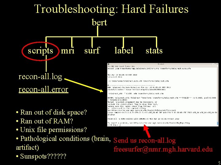 Troubleshooting: Hard Failures bert scripts mri surf label stats recon-all. log recon-all. error •