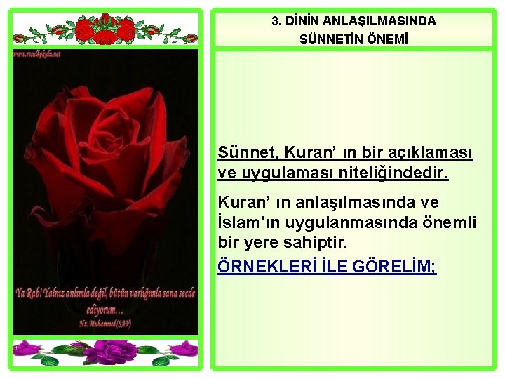 3. DİNİN ANLAŞILMASINDA SÜNNETİN ÖNEMİ Sünnet, Kuran’ ın bir açıklaması ve uygulaması niteliğindedir. Kuran’