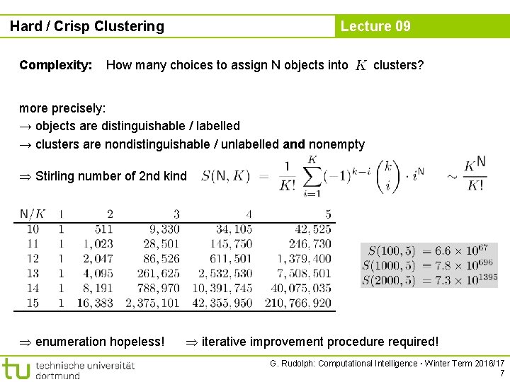 Hard / Crisp Clustering Complexity: Lecture 09 How many choices to assign N objects