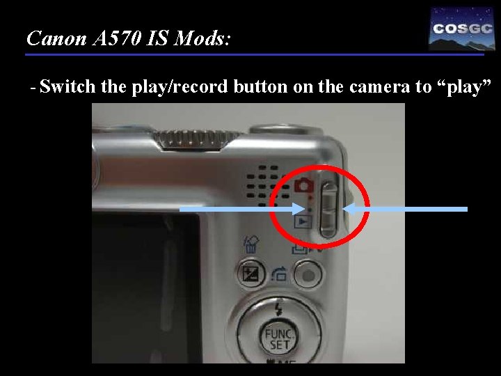 Canon A 570 IS Mods: - Switch the play/record button on the camera to