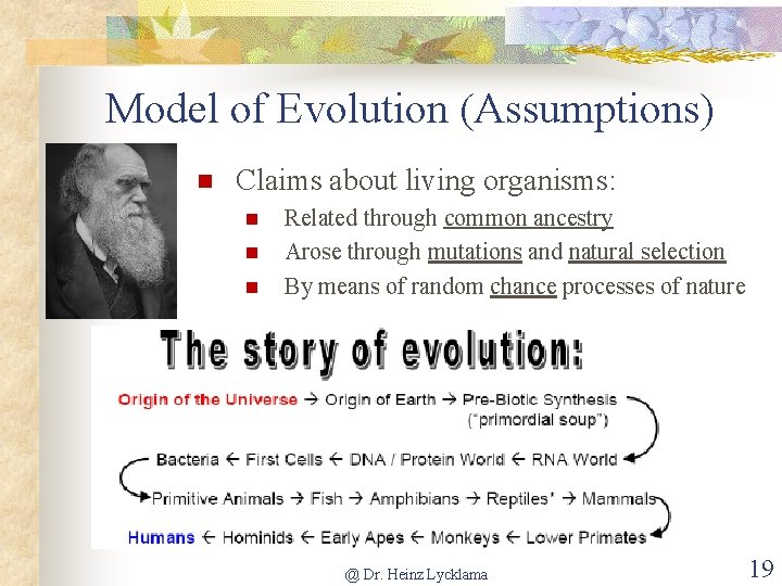 Model of Evolution (Assumptions) Claims about living organisms: Related through common ancestry Arose through