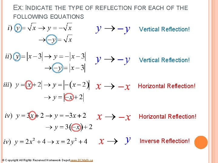 EX: INDICATE THE TYPE OF REFLECTION FOR EACH OF THE FOLLOWING EQUATIONS Vertical Reflection!