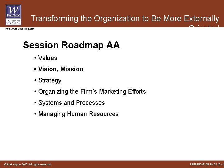Transforming the Organization to Be More Externally Oriented www. wessexlearning. com Session Roadmap AA