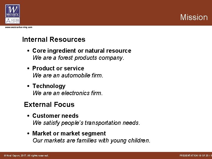 Mission www. wessexlearning. com Internal Resources • Core ingredient or natural resource We are