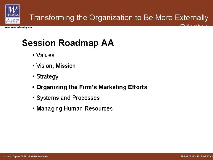 Transforming the Organization to Be More Externally Oriented www. wessexlearning. com Session Roadmap AA