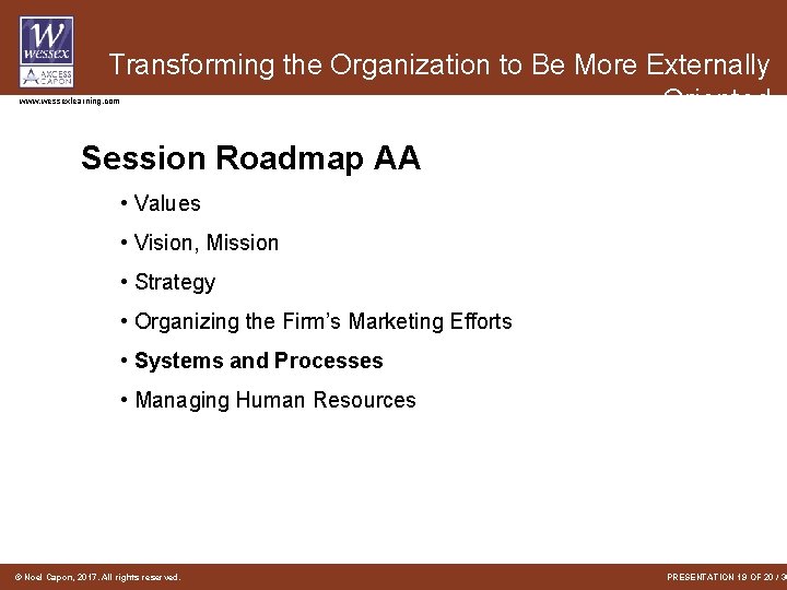 Transforming the Organization to Be More Externally Oriented www. wessexlearning. com Session Roadmap AA