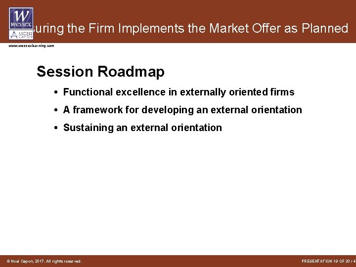 Ensuring the Firm Implements the Market Offer as Planned www. wessexlearning. com Session Roadmap