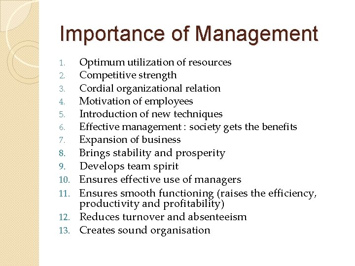 Importance of Management 1. 2. 3. 4. 5. 6. 7. 8. 9. 10. 11.