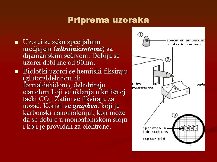 Priprema uzoraka n n Uzorci se seku specijalnim uredjajem (ultramicrotome) sa dijamantskim sečivom. Dobiju