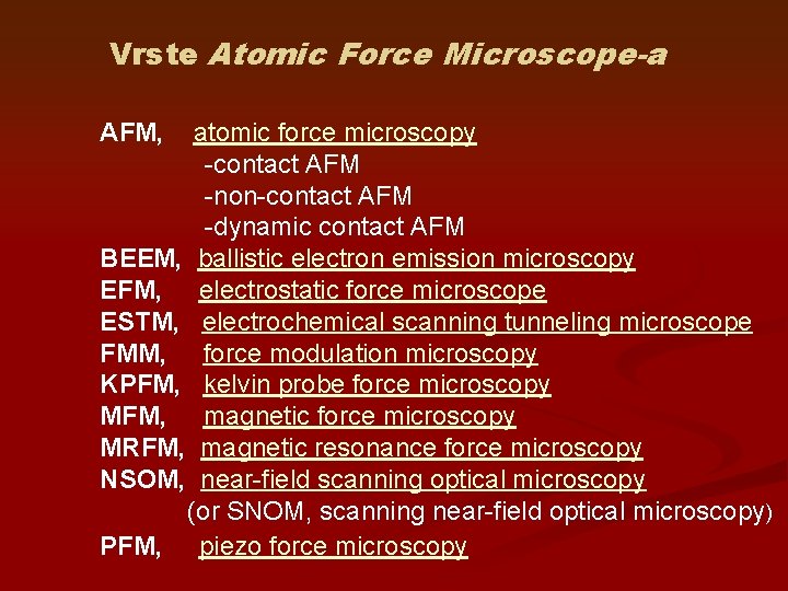 Vrste Atomic Force Microscope-a AFM, atomic force microscopy -contact AFM -non-contact AFM -dynamic contact