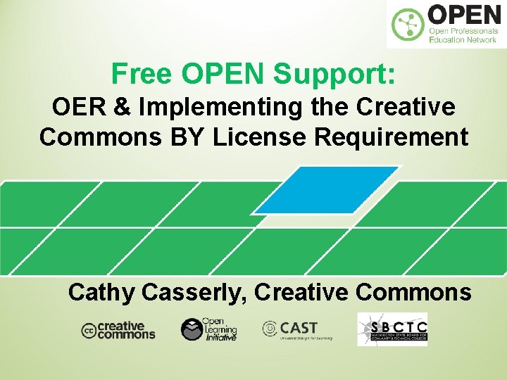 Free OPEN Support: OER & Implementing the Creative Commons BY License Requirement Cathy Casserly,