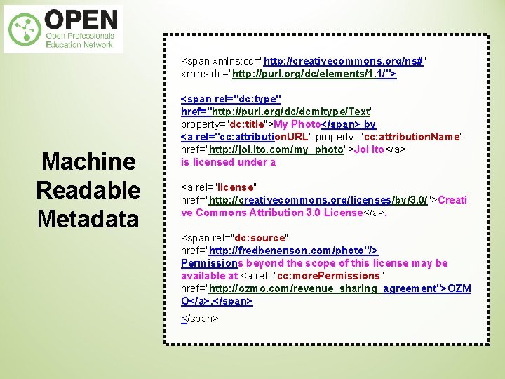 <span xmlns: cc="http: //creativecommons. org/ns#" xmlns: dc="http: //purl. org/dc/elements/1. 1/"> Machine Readable Metadata <span