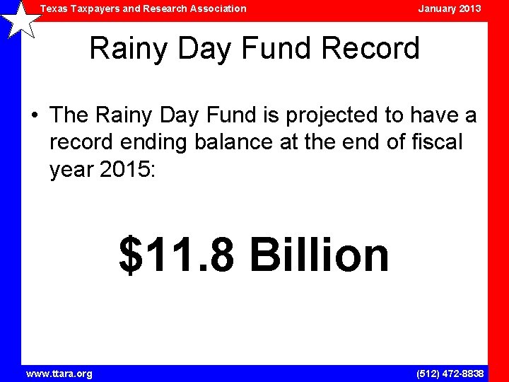 Texas Taxpayers and Research Association January 2013 Rainy Day Fund Record • The Rainy