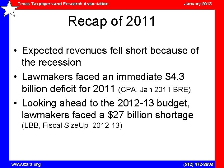 Texas Taxpayers and Research Association January 2013 Recap of 2011 • Expected revenues fell