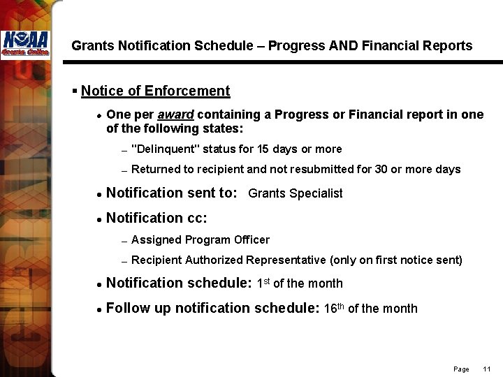 Grants Notification Schedule – Progress AND Financial Reports § Notice of Enforcement l One