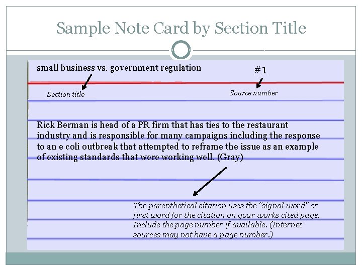 Sample Note Card by Section Title small business vs. government regulation Section title #1