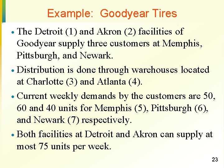 Example: Goodyear Tires The Detroit (1) and Akron (2) facilities of Goodyear supply three