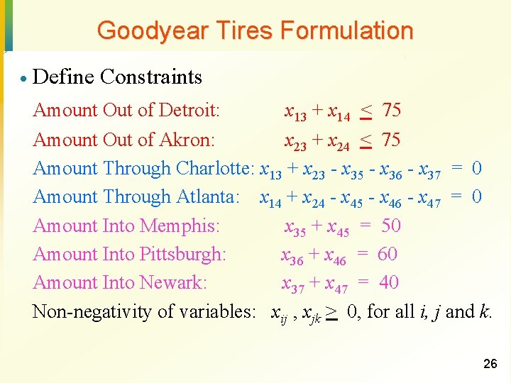 Goodyear Tires Formulation · Define Constraints Amount Out of Detroit: x 13 + x
