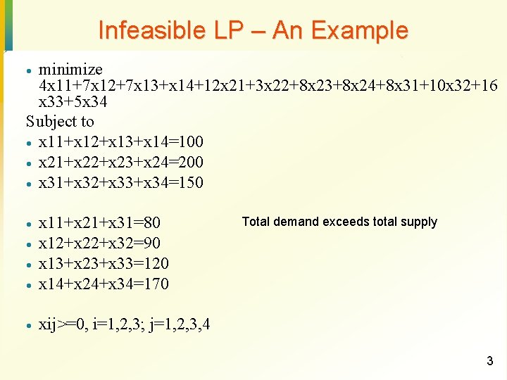 Infeasible LP – An Example minimize 4 x 11+7 x 12+7 x 13+x 14+12