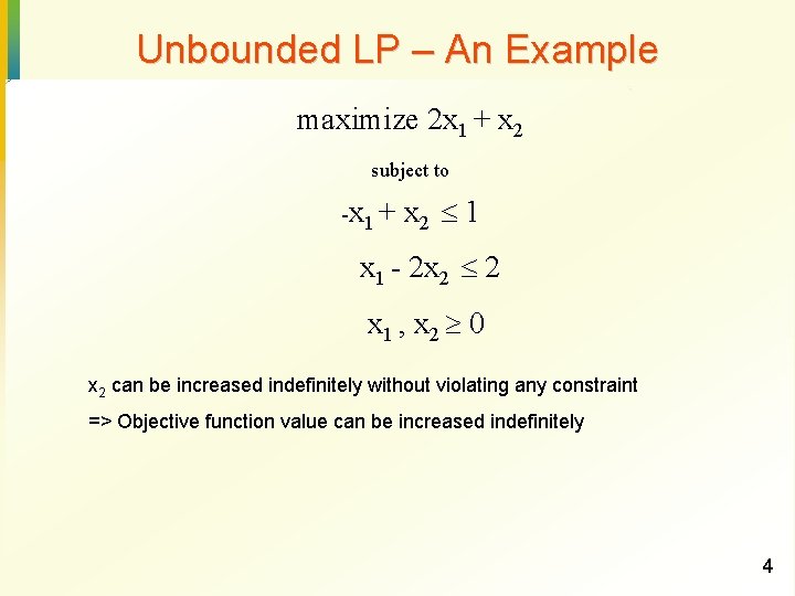 Unbounded LP – An Example maximize 2 x 1 + x 2 subject to