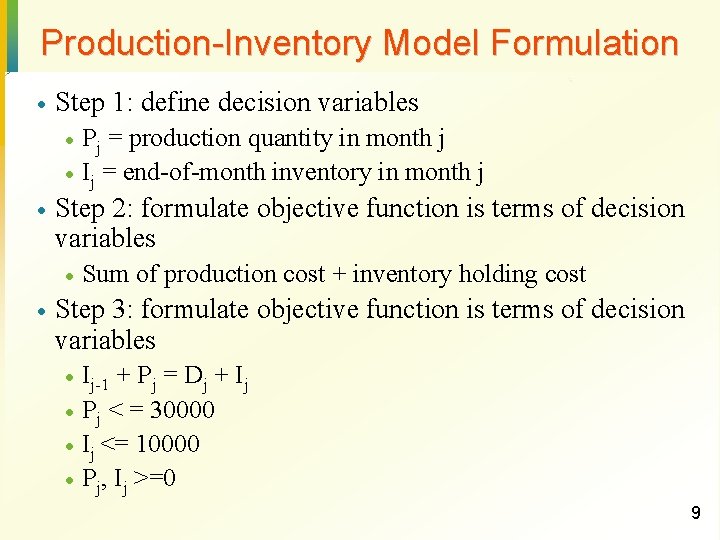 Production-Inventory Model Formulation · Step 1: define decision variables · · · Step 2: