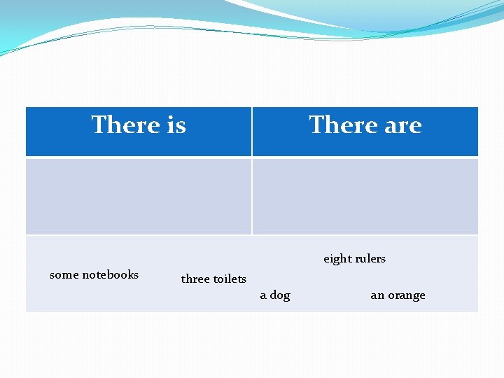 There is There are eight rulers some notebooks three toilets a dog an orange