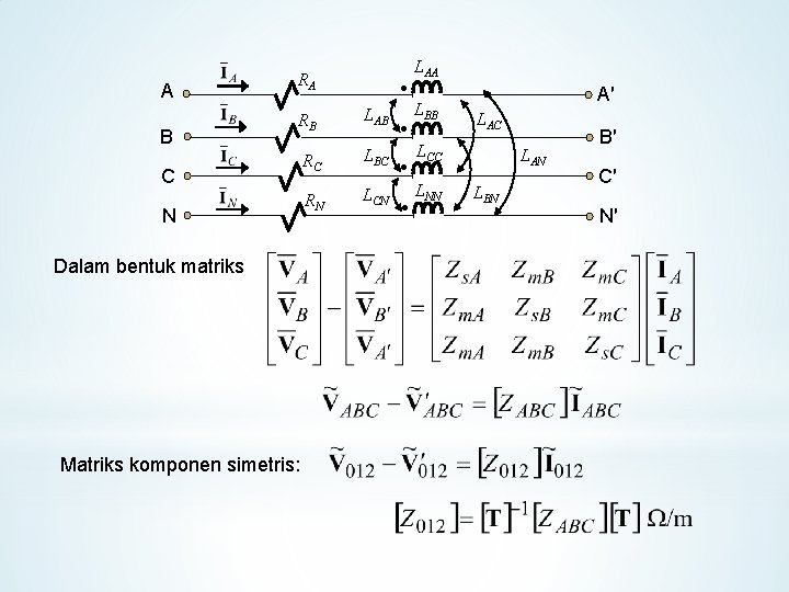 A B RA RB C N Dalam bentuk matriks Matriks komponen simetris: RC RN