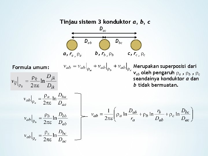 Tinjau sistem 3 konduktor a, b, c Dab a, ra , a Formula umum: