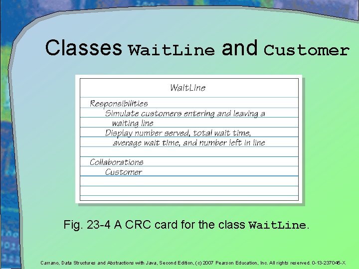 Classes Wait. Line and Customer Fig. 23 -4 A CRC card for the class