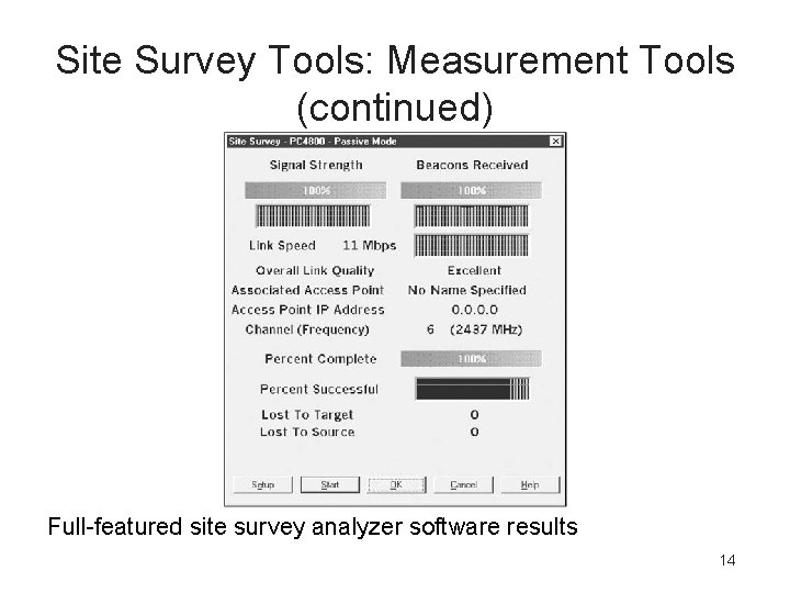 Site Survey Tools: Measurement Tools (continued) Full-featured site survey analyzer software results 14 